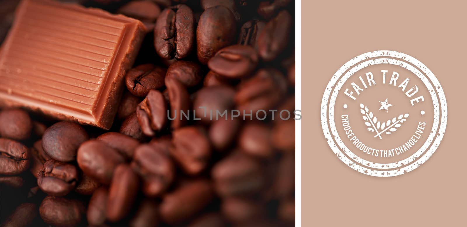 Fair Trade graphic against piece of chocolate and coffee seeds together