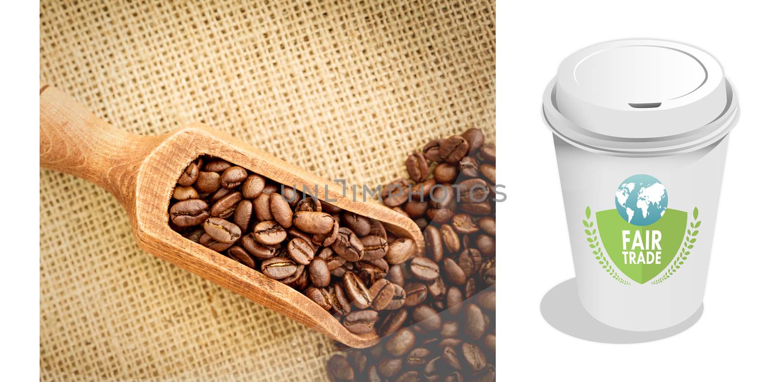 Fair Trade graphic against wooden shovel full of coffee beans