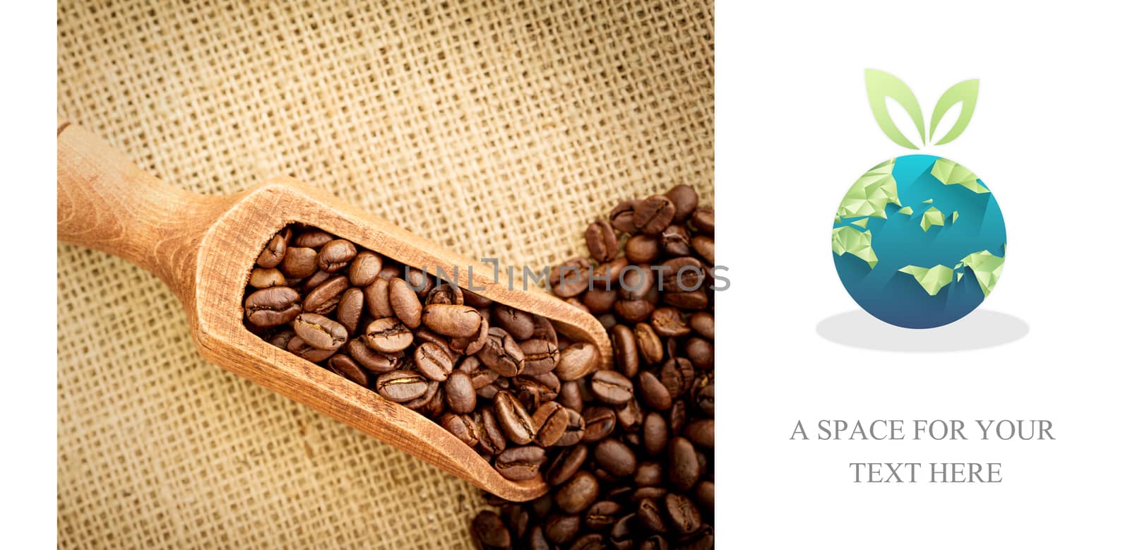 Fair Trade graphic against wooden shovel full of coffee beans