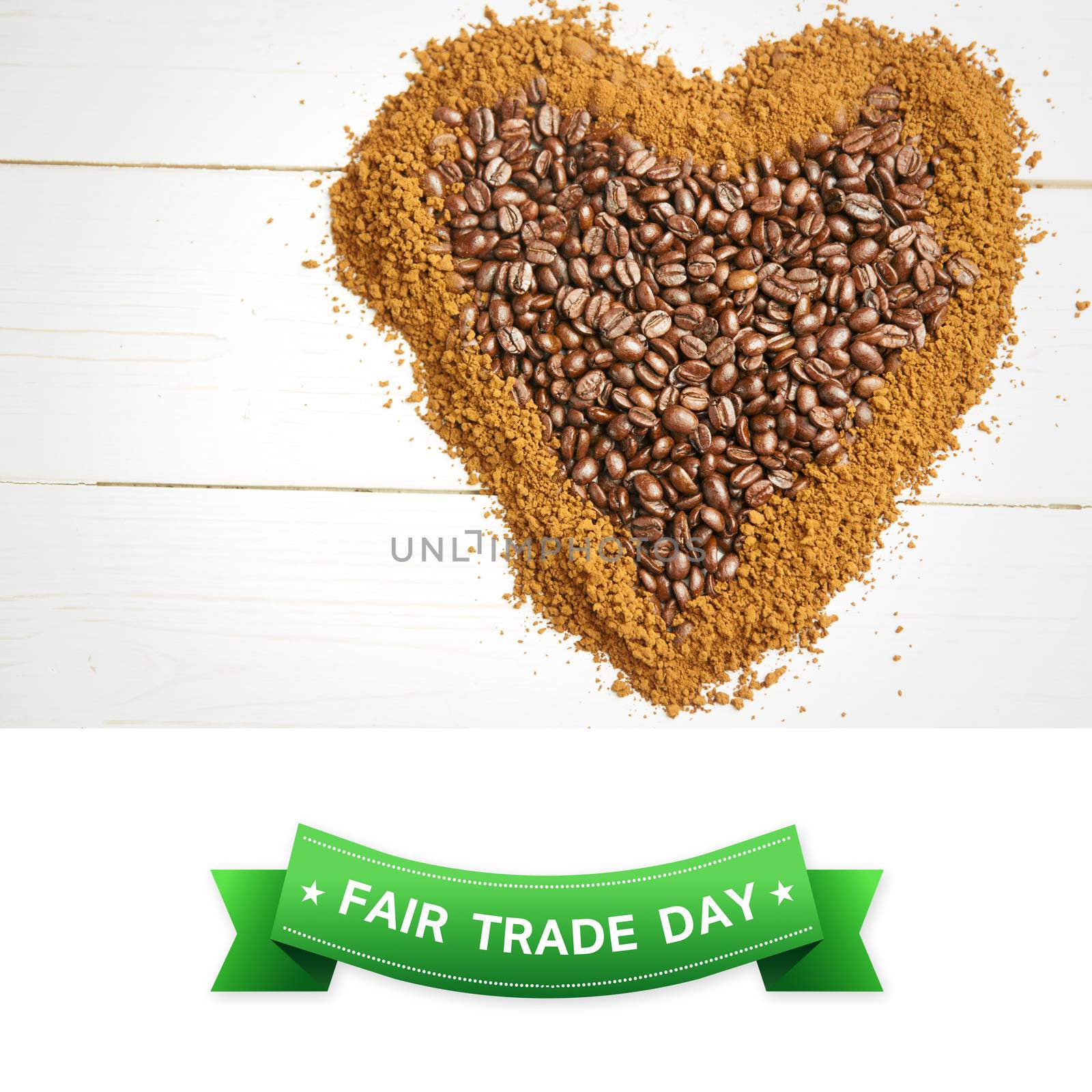 Fair Trade graphic against coffee in heart shape