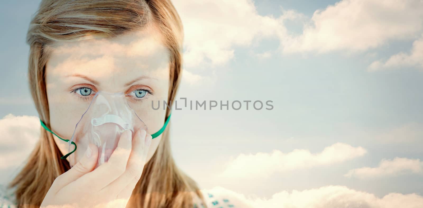 Cloudy sky against diseased young woman wearing a mask 