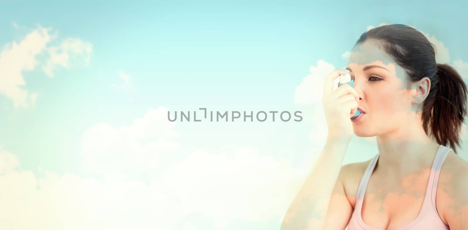 blue sky against woman using asthma inhaler in living room