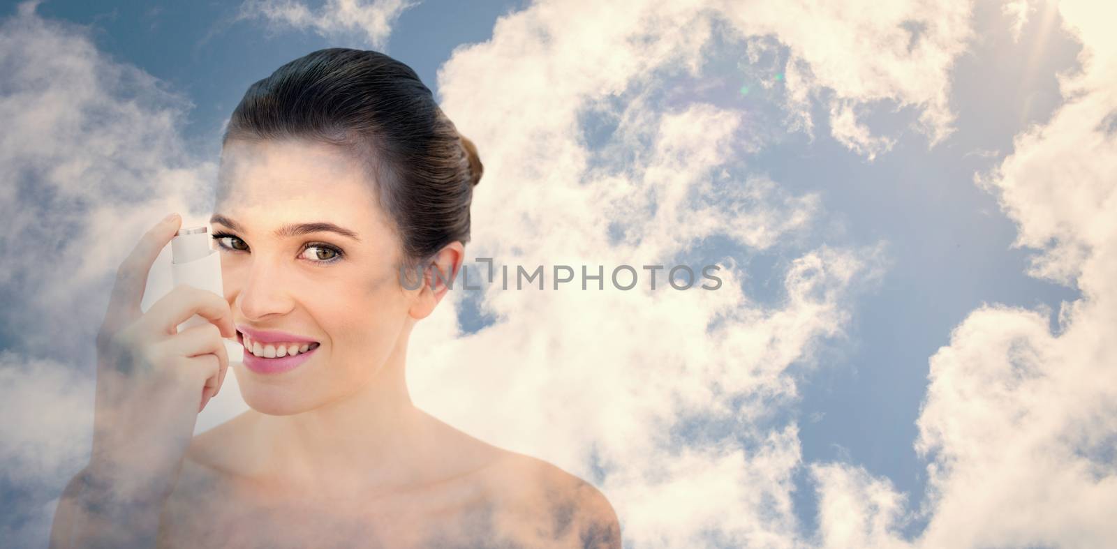 Bright blue sky with clouds against gorgeous natural brown haired model using an asthma inhaler
