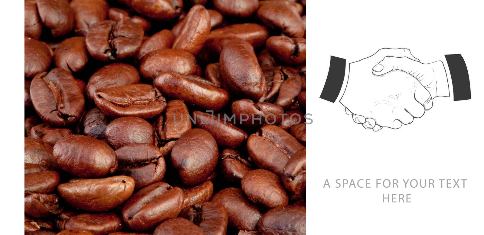 Handshake against coffee seeds laid out together