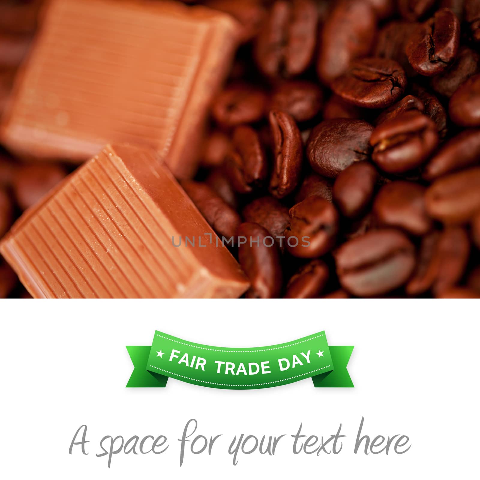 Fair Trade graphic against chocolate pieces and coffee beans side by side