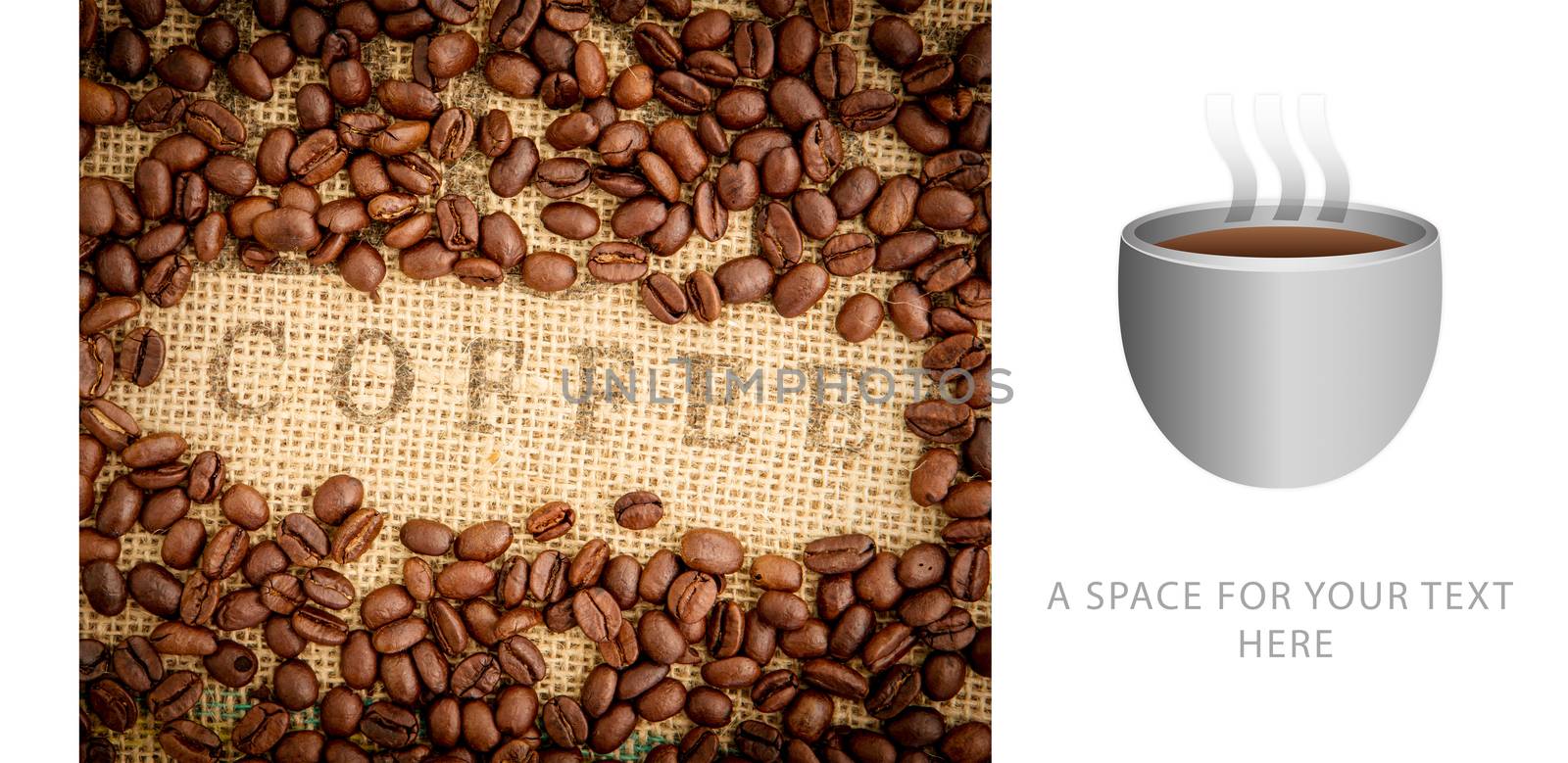 Fair Trade graphic against coffee beans surrounding coffee stamp on sack