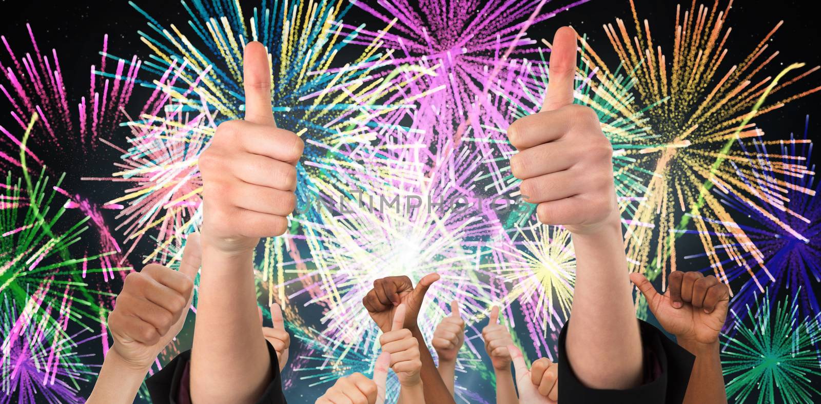 Hands showing thumbs up against digitally generated bright firework design
