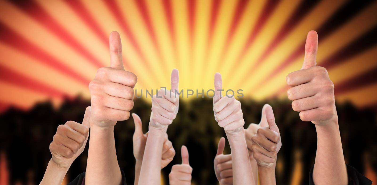 Hands showing thumbs up against digitally generated nightclub with people dancing