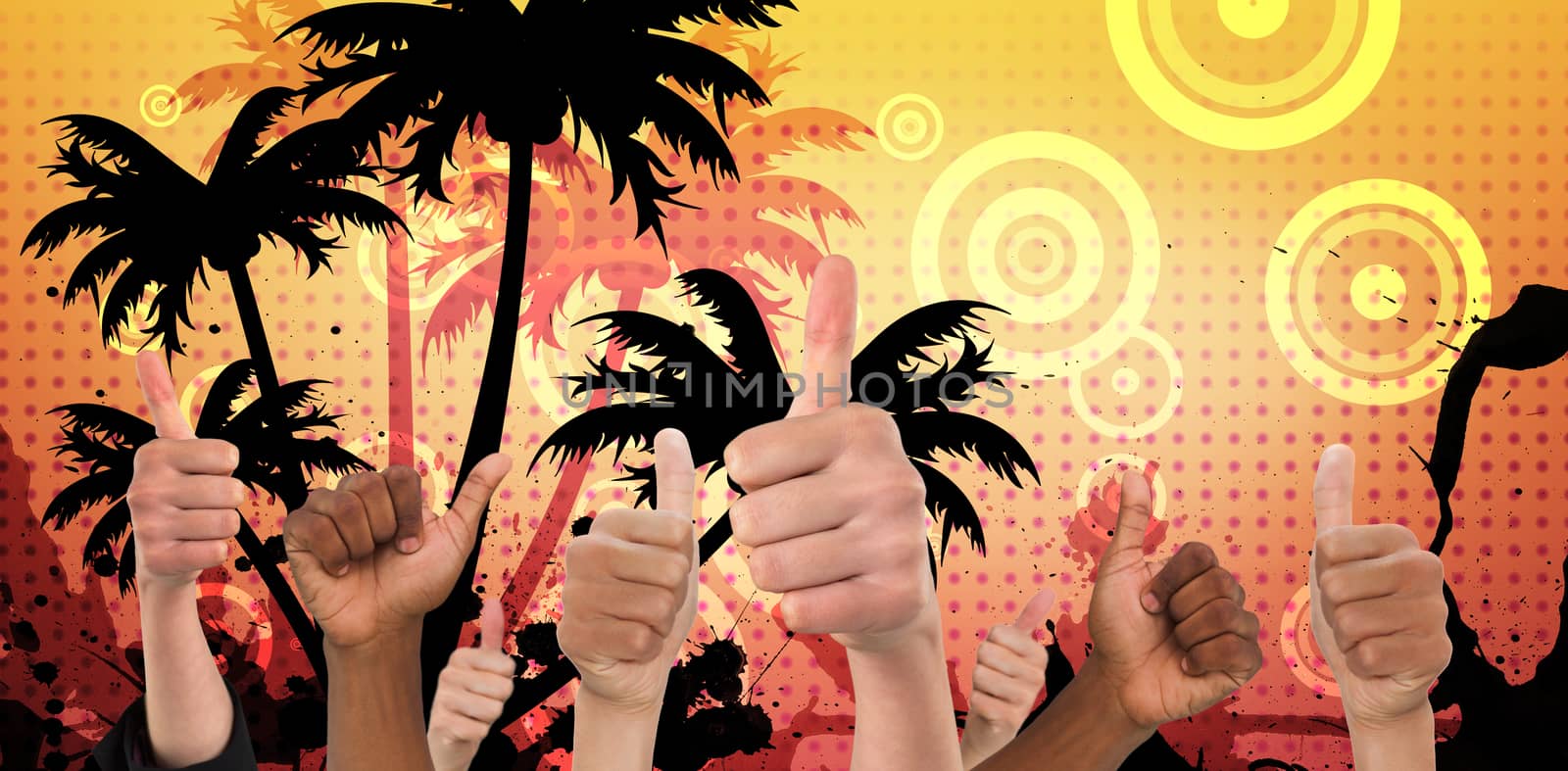 Hands showing thumbs up against digitally generated palm tree background