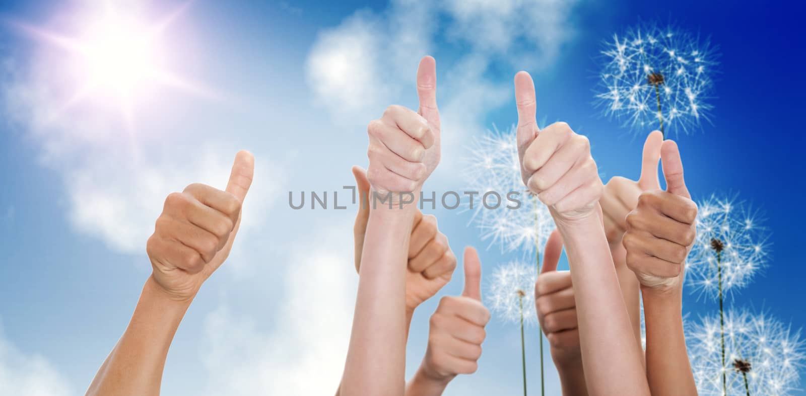 Hands up and thumbs raised against digitally generated dandelions against blue sky