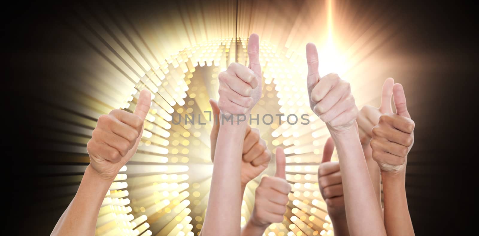Hands up and thumbs raised against digitally generated cool disco ball design 