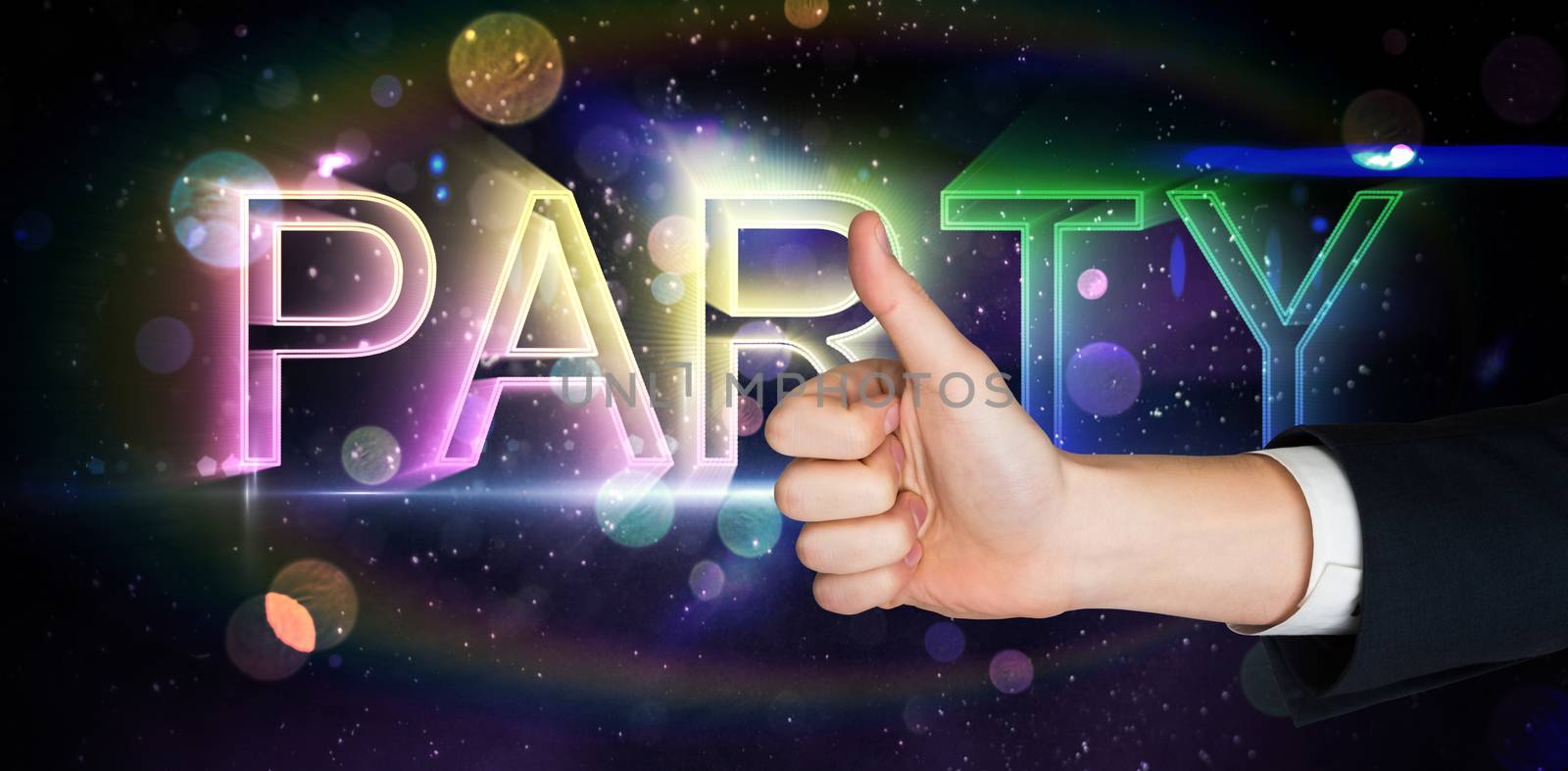 Hand showing thumbs up against digitally generated colourful party text