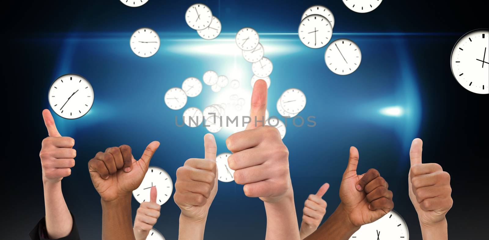 Hands showing thumbs up against digitally generated floating clock pattern