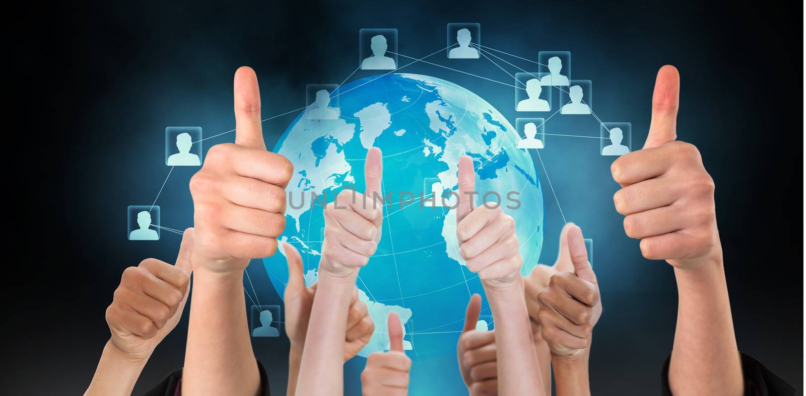 Hands showing thumbs up against futuristic technology interface
