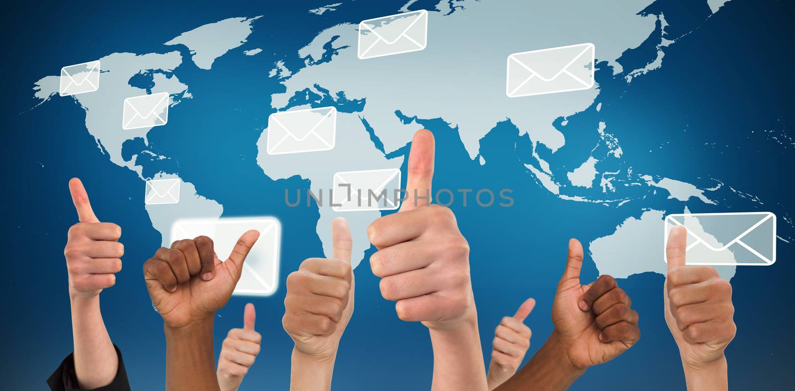Hands showing thumbs up against world map with envelopes