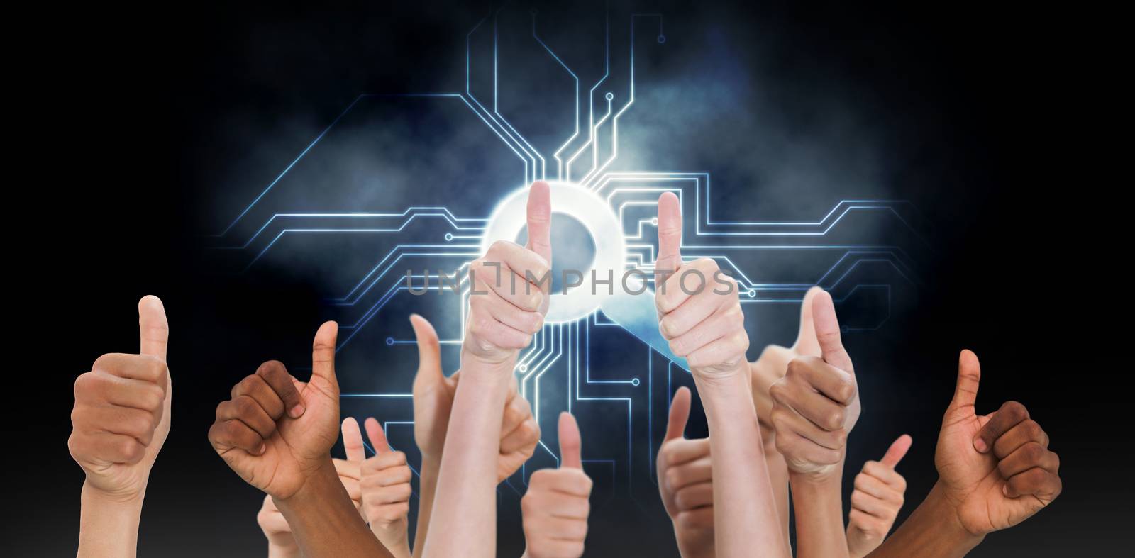 Hands showing thumbs up against circuit board and magnifying glass graphic