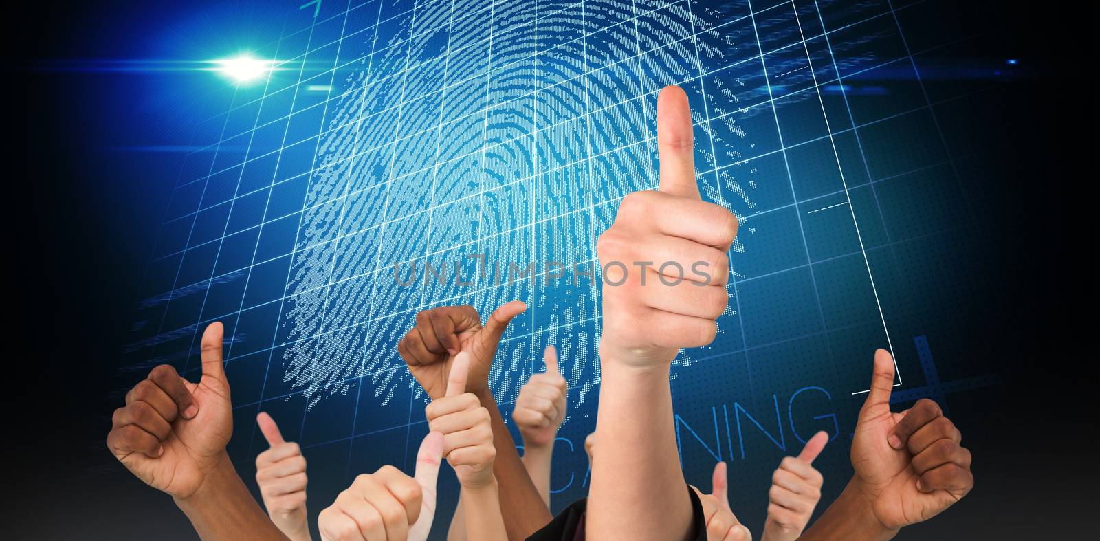 Hands showing thumbs up against digital security finger print scan