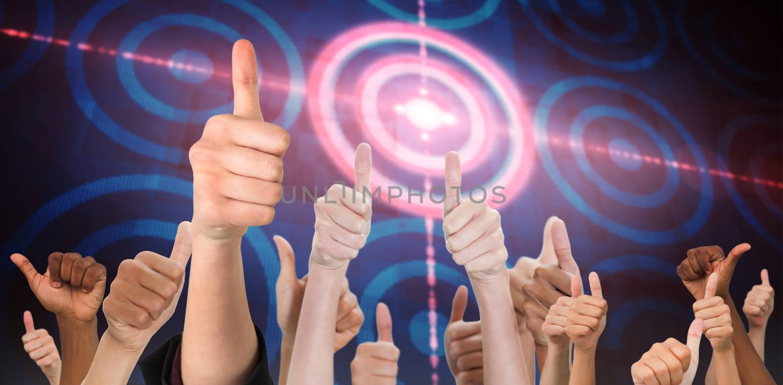 Hands showing thumbs up against digital target over computing design