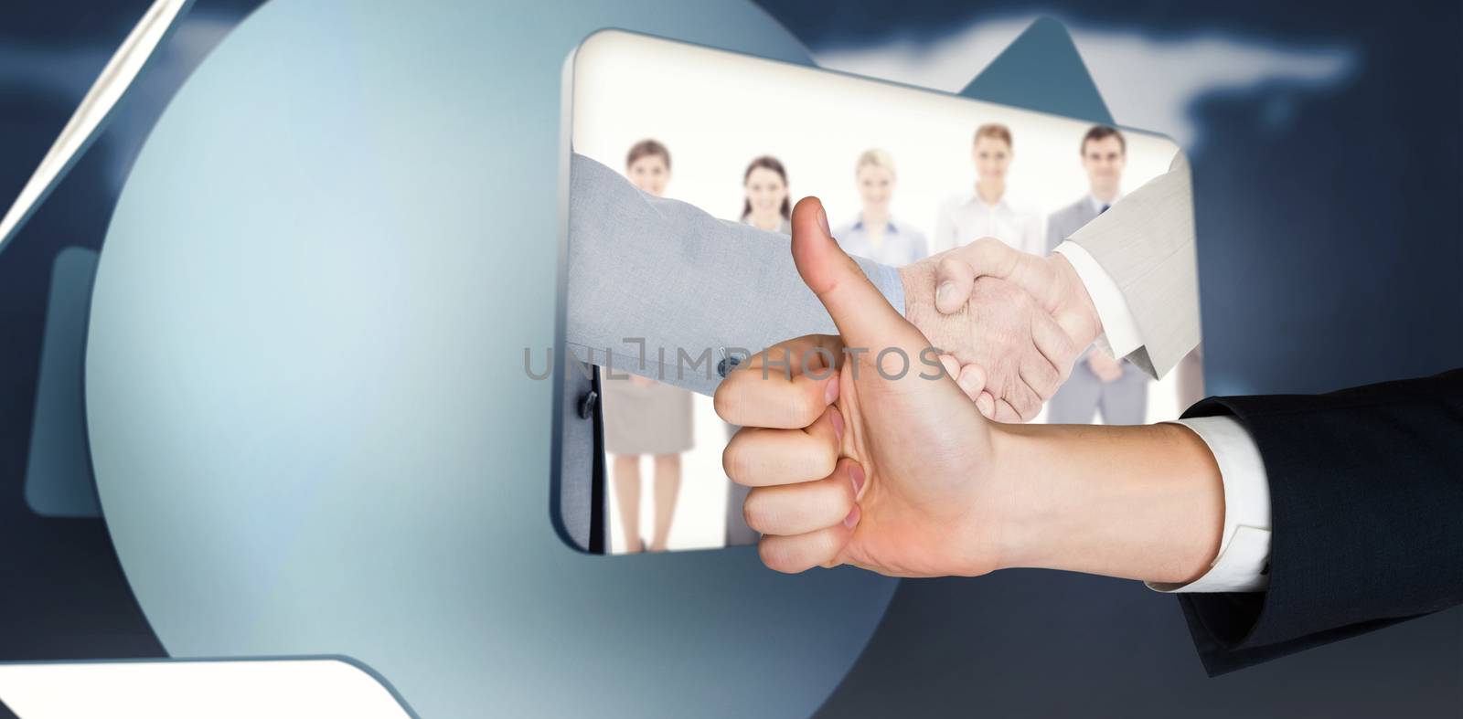 Hand showing thumbs up against screen displaying handshake and business people in digital inter