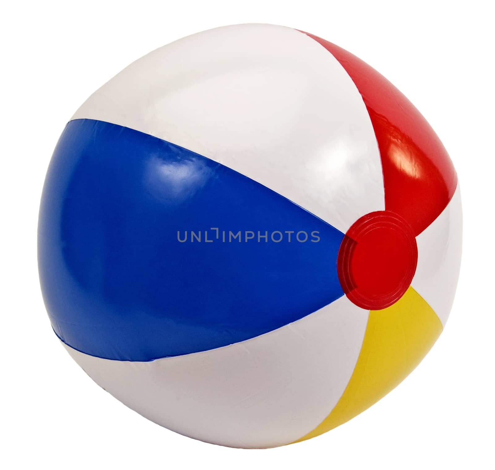 Close up shot of brightly colored beach ball isolated on a white background