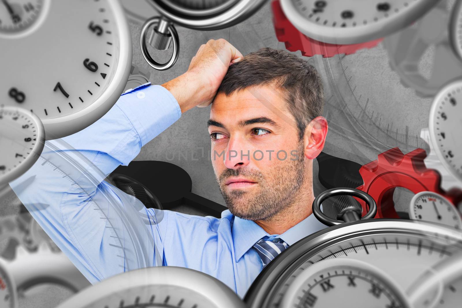 Businessman thinking his hand up  against grey background