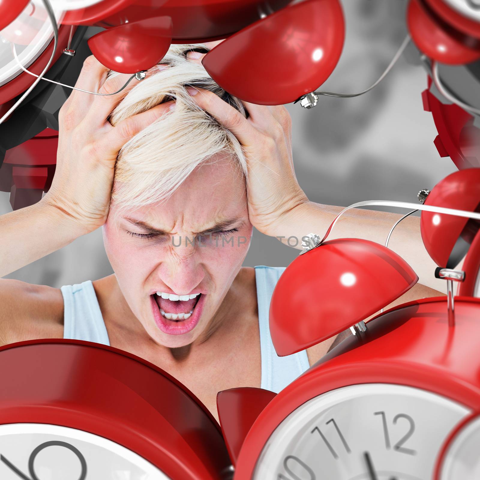 Angry blonde woman screaming and holding her head  against grey vignette