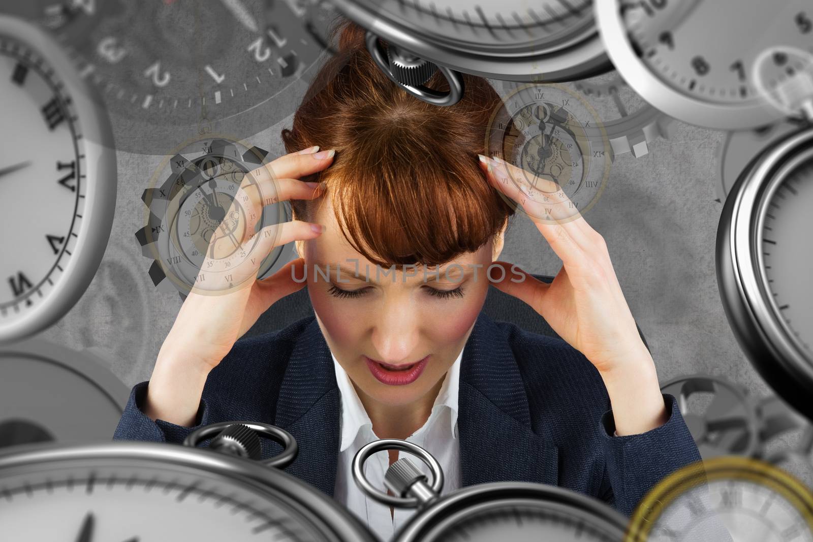 Stressed businesswoman against grey background