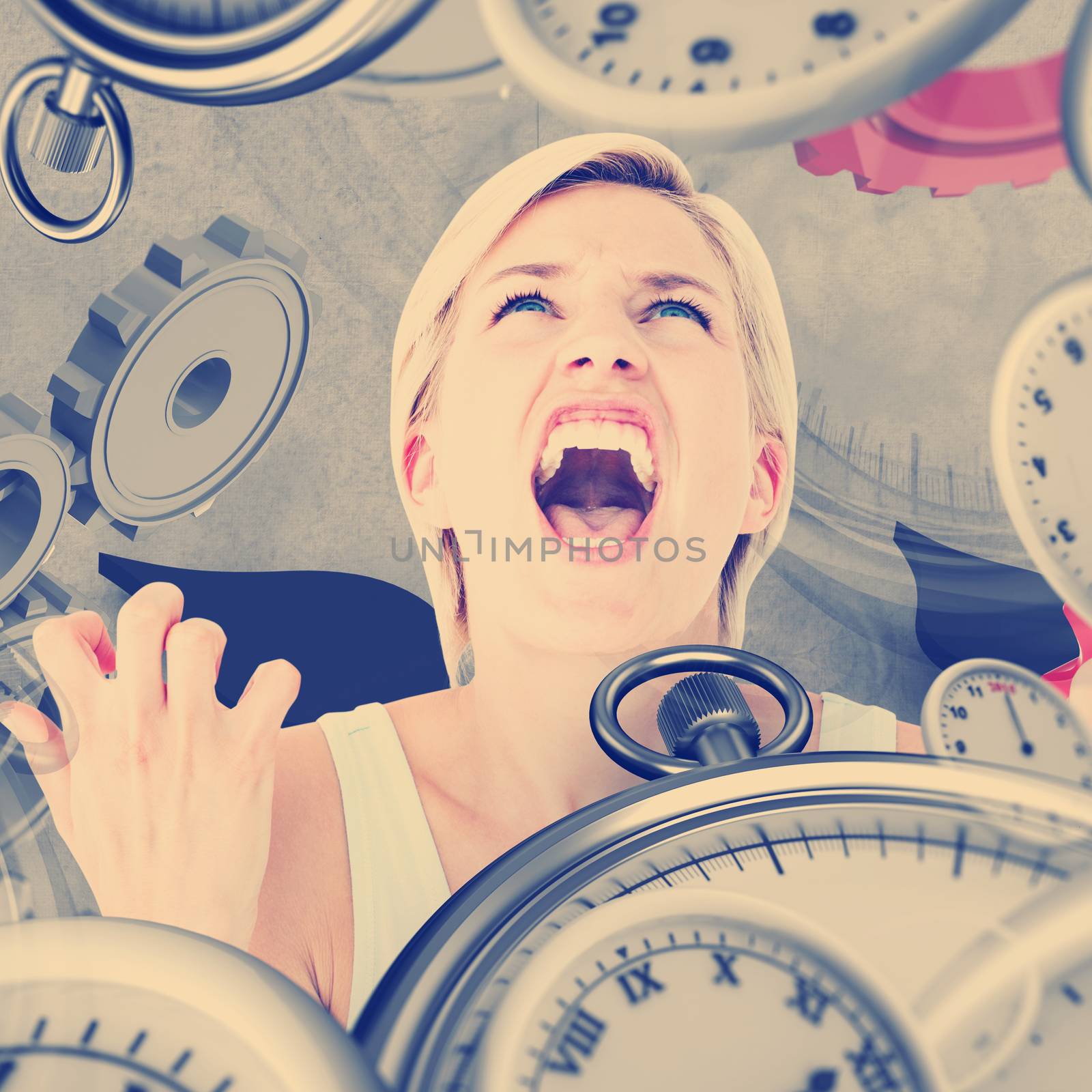 Upset woman screaming with hands up  against grey background