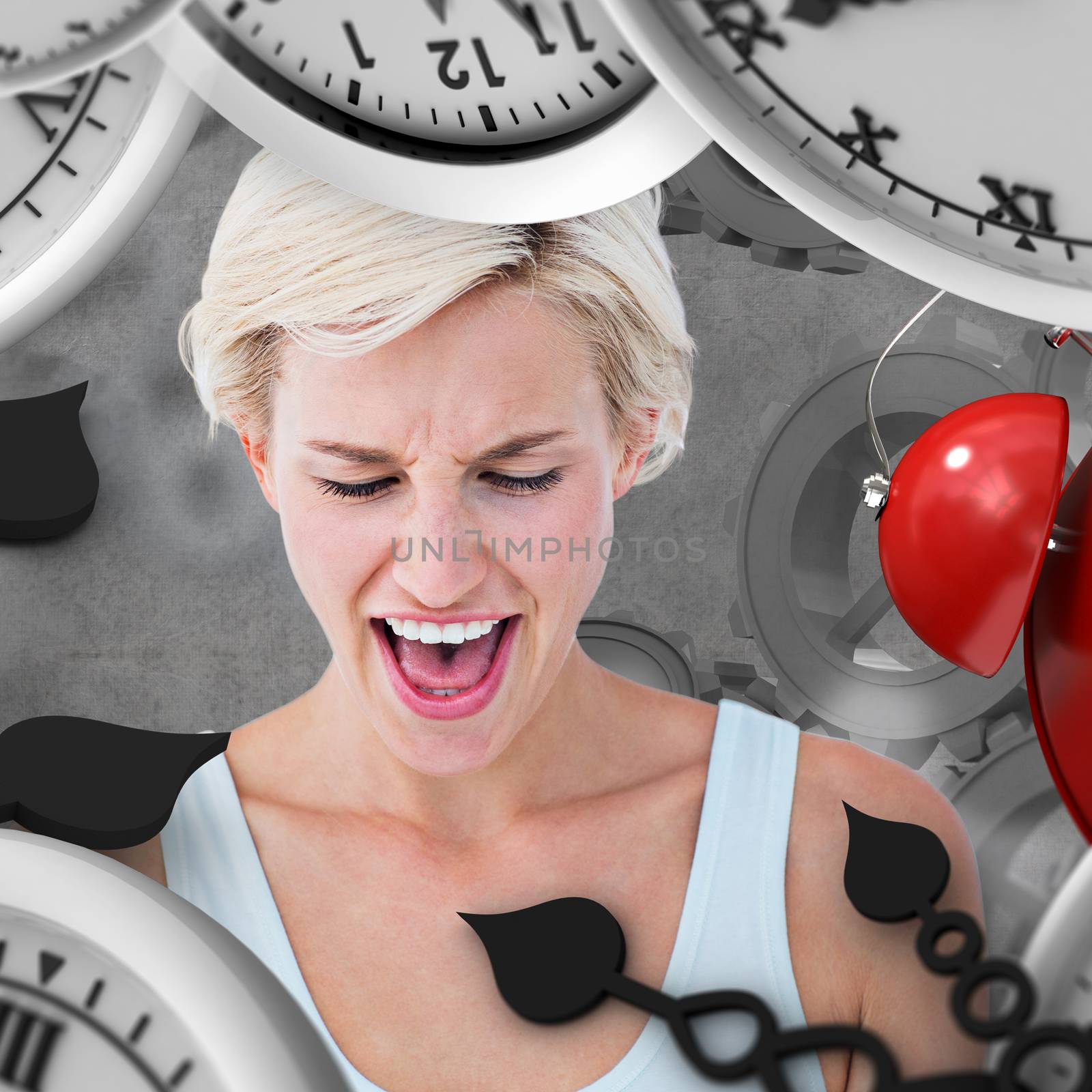 Angry blonde yelling with hands up  against grey background