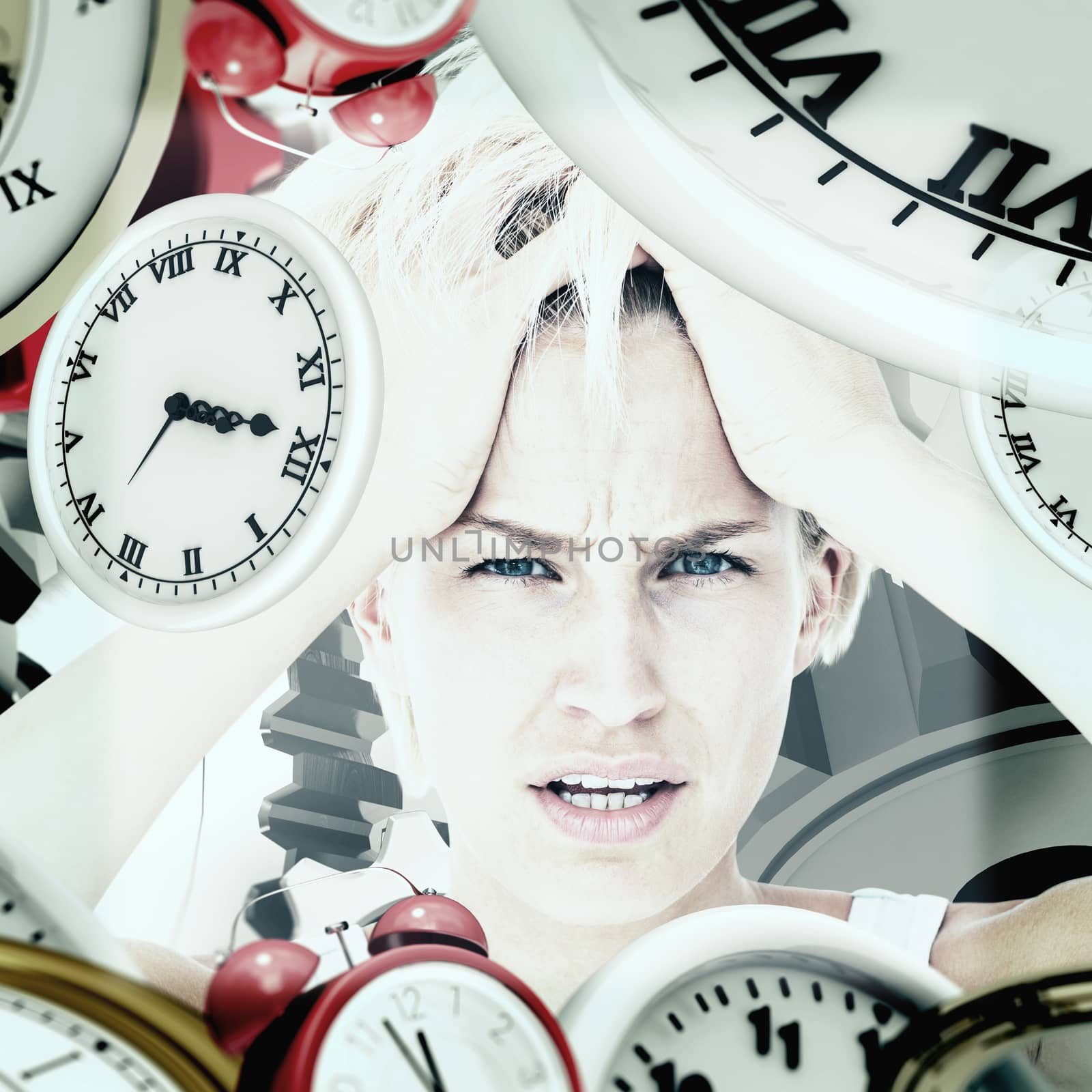 Sad blonde woman with head pain holding her head  against grey vignette