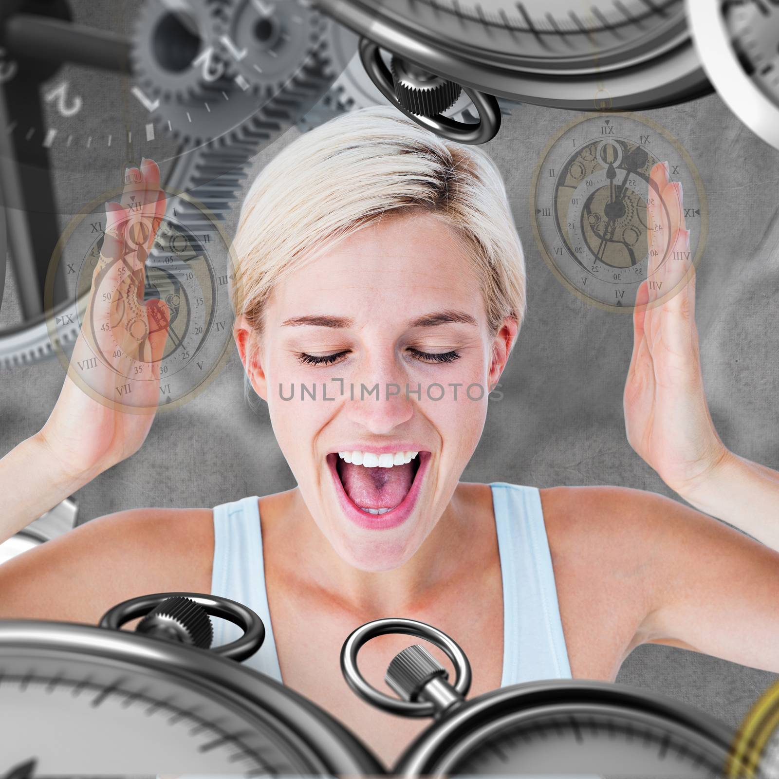 Composite image of happy blonde woman screaming with hands up by Wavebreakmedia