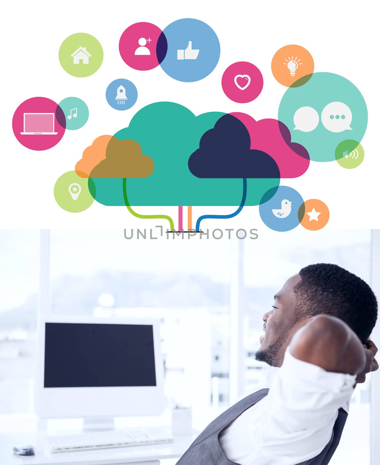 Apps and cloud computing concept against relaxed businessman with hands behind head