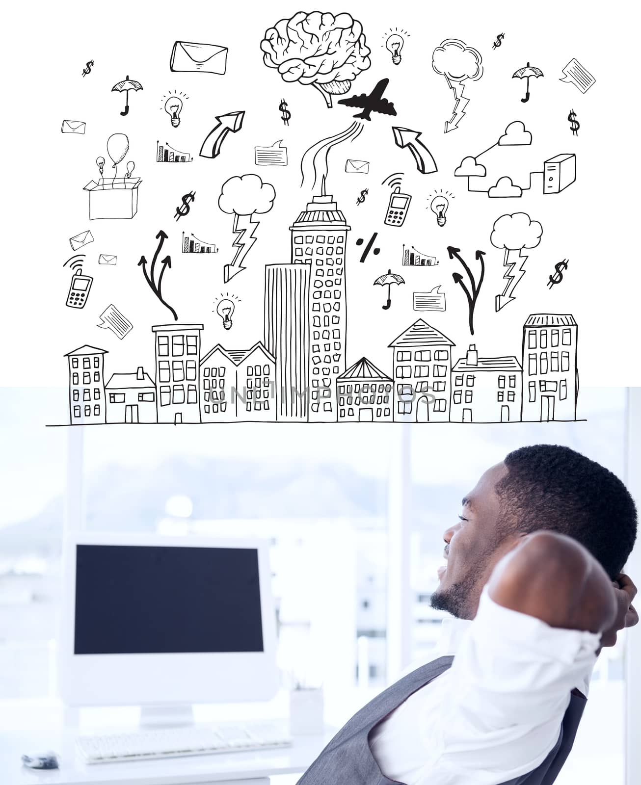 Cityscape with brainstorm against relaxed businessman with hands behind head