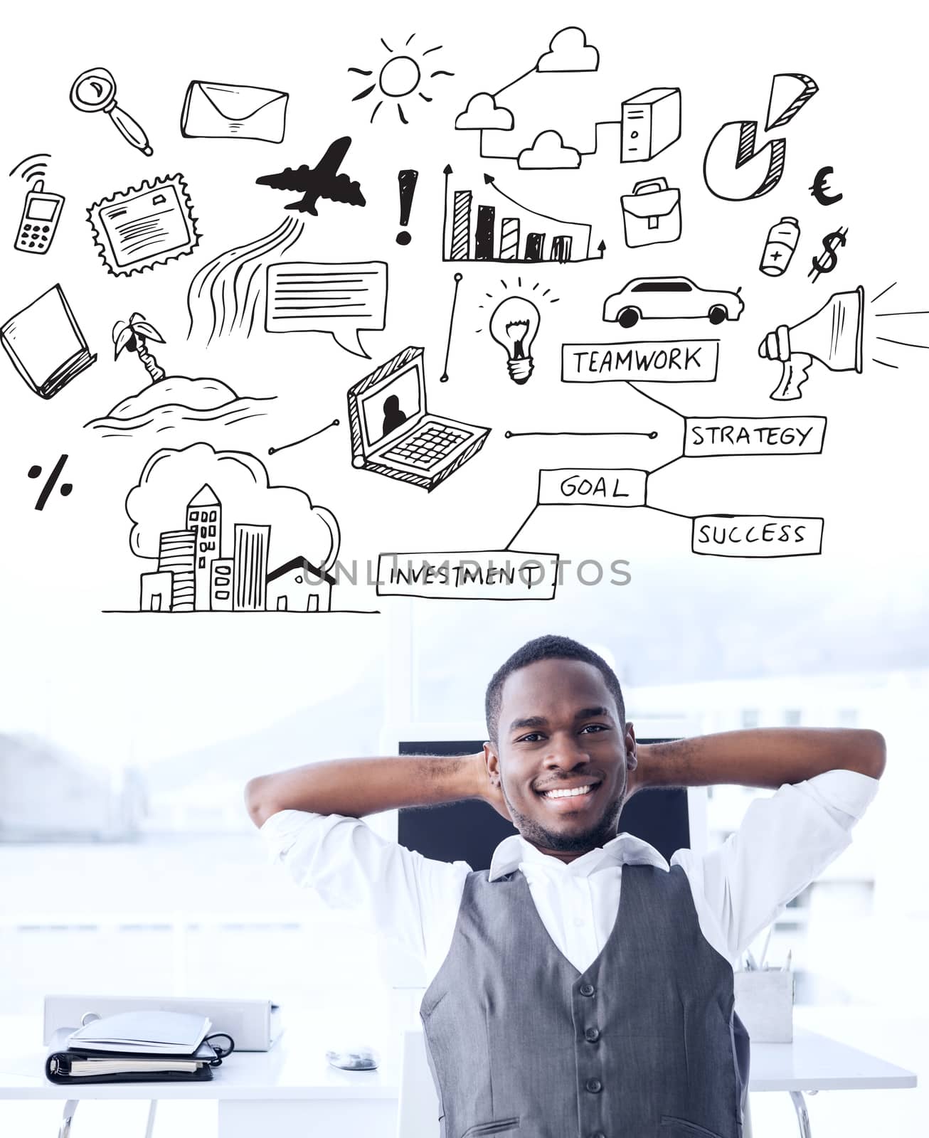 Brainstorm graphic against relaxed businessman with hands behind head