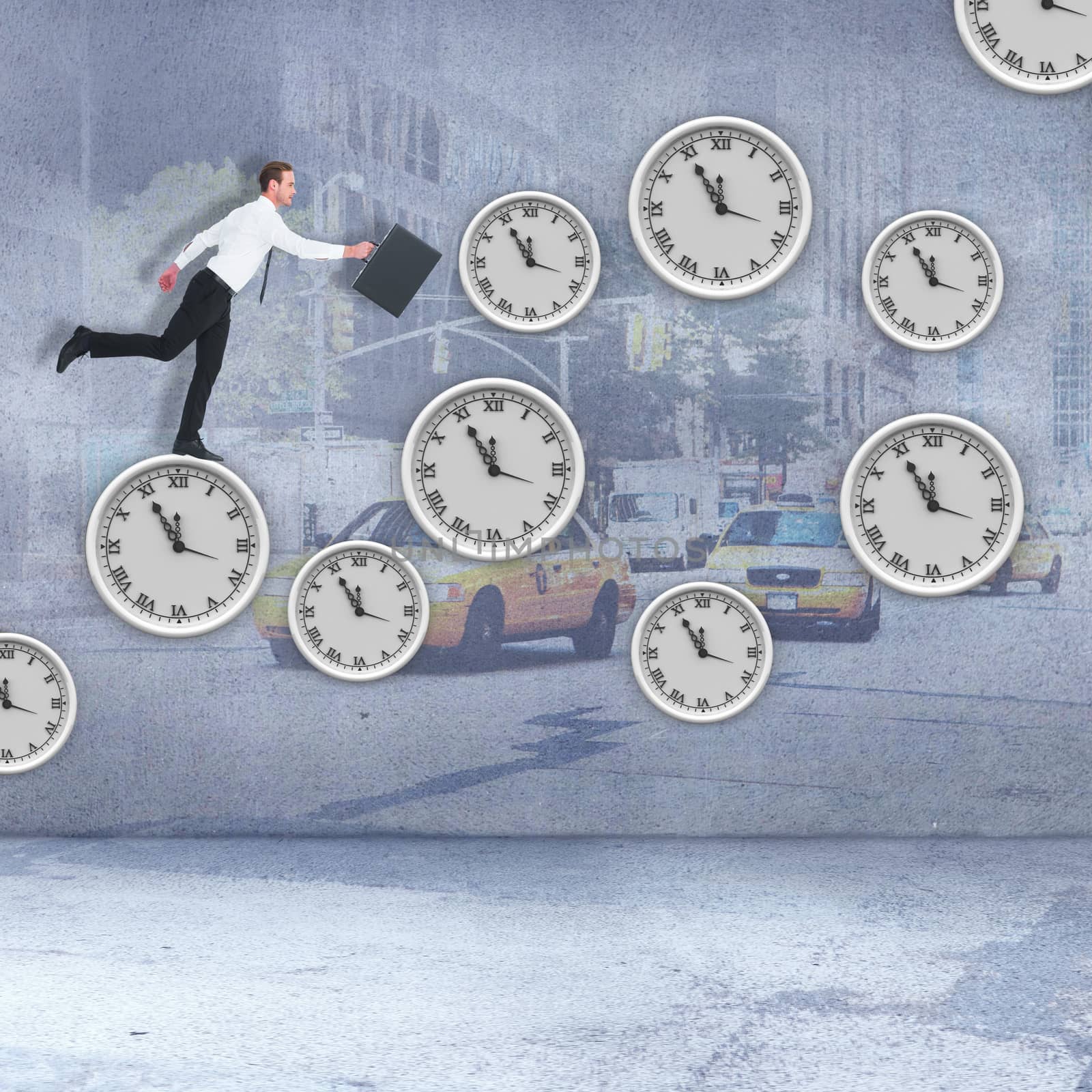 Businessman walking with his briefcase against urban projection on wall