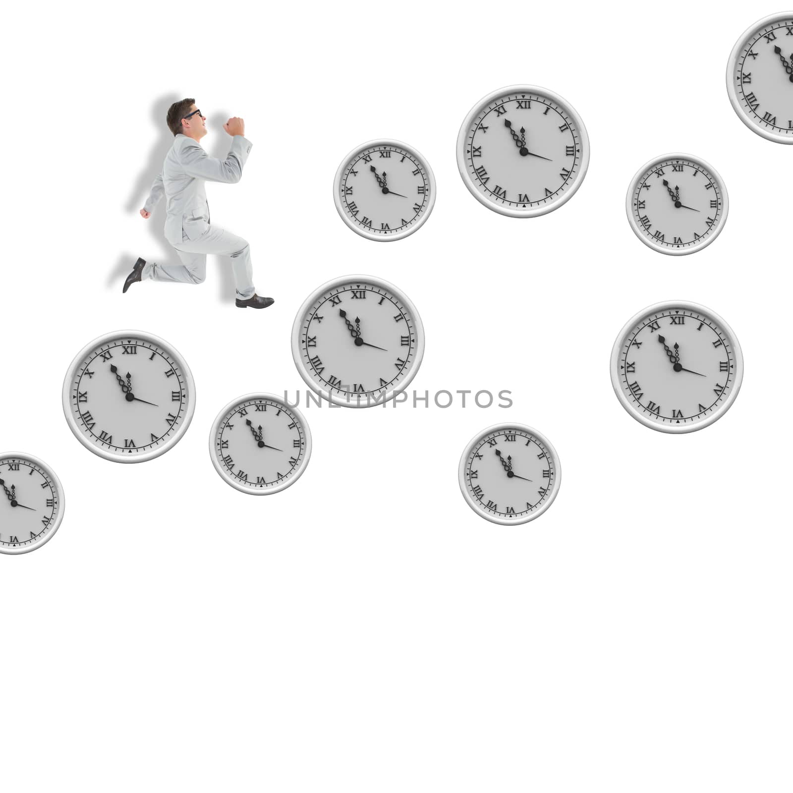 Geeky happy businessman running mid air against clocks