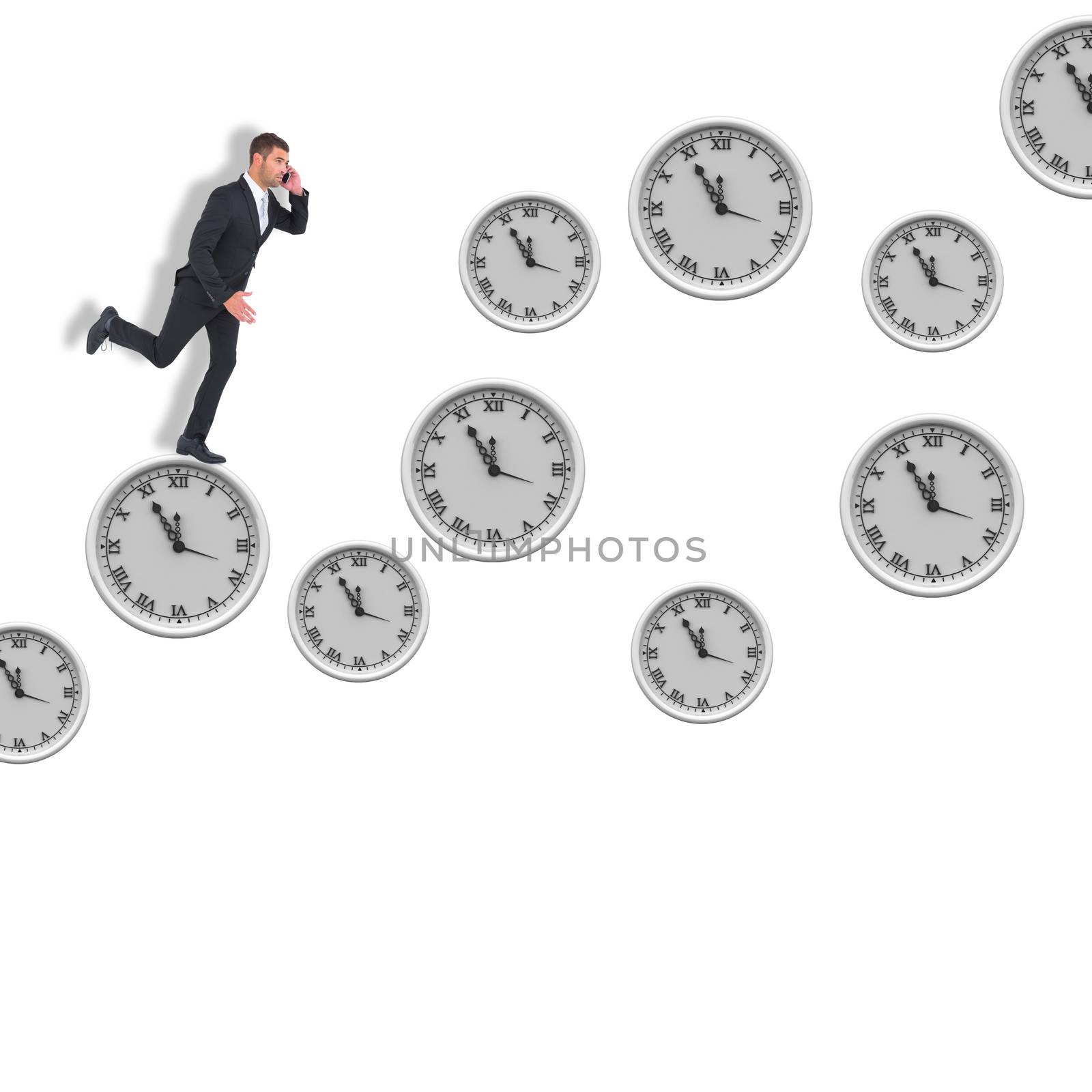 Businessman running on the phone  against clocks