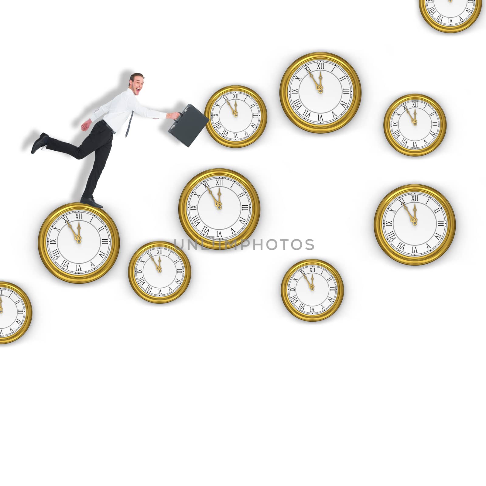 Happy businessman leaping with his briefcase against clocks