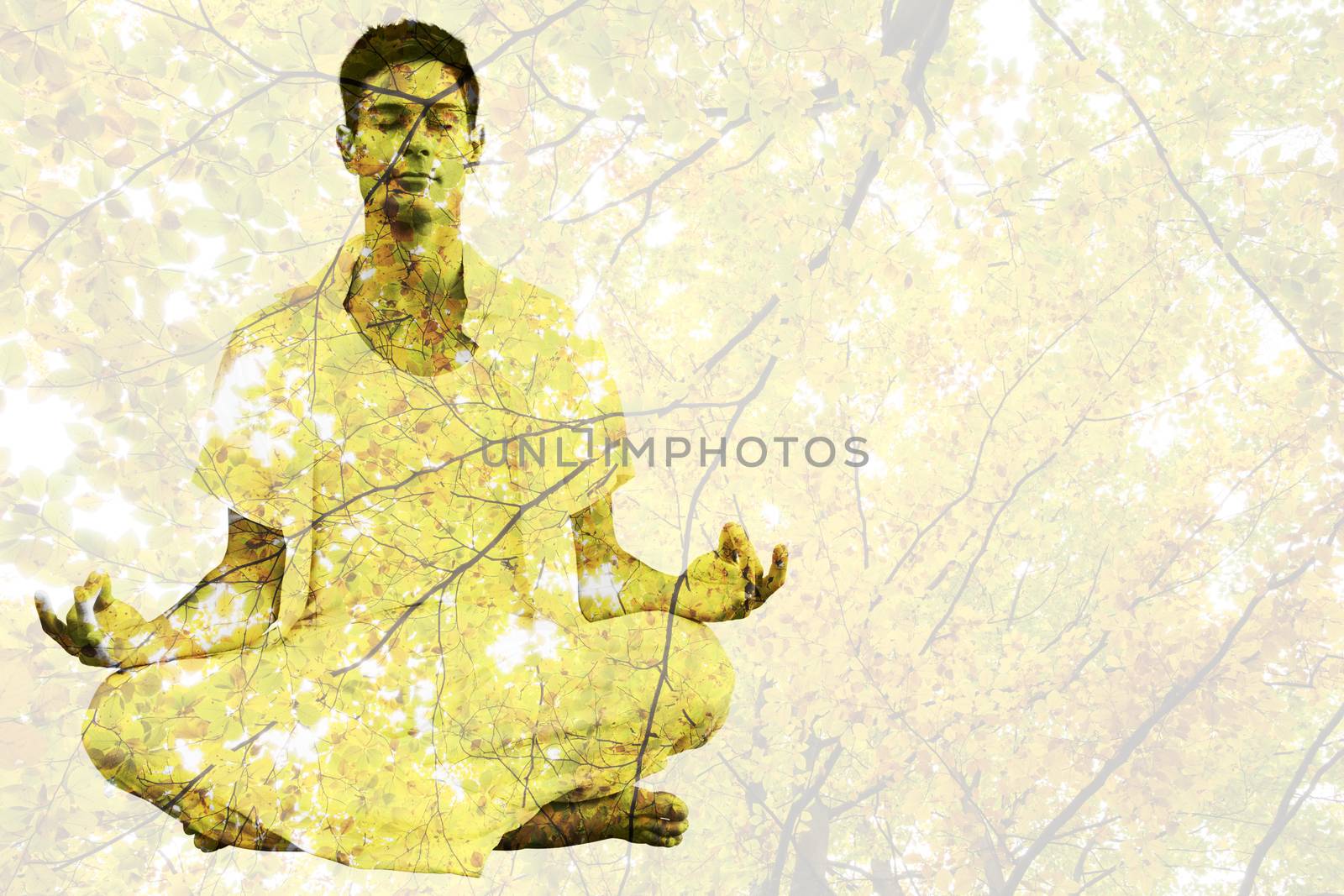 Handsome man in white meditating in lotus pose against branches and autumnal leaves