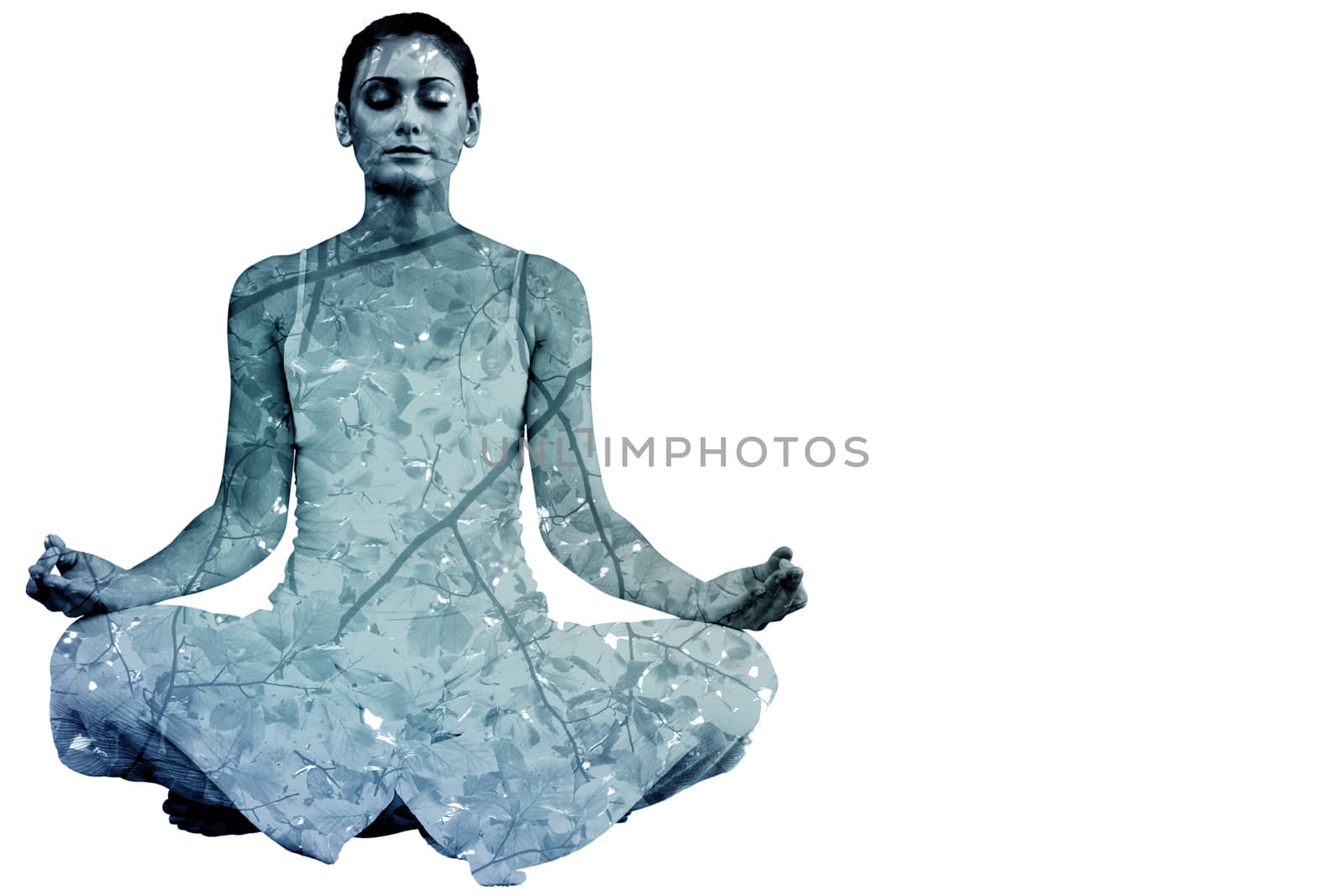 Peaceful woman in white sitting in lotus pose against branches and leaves