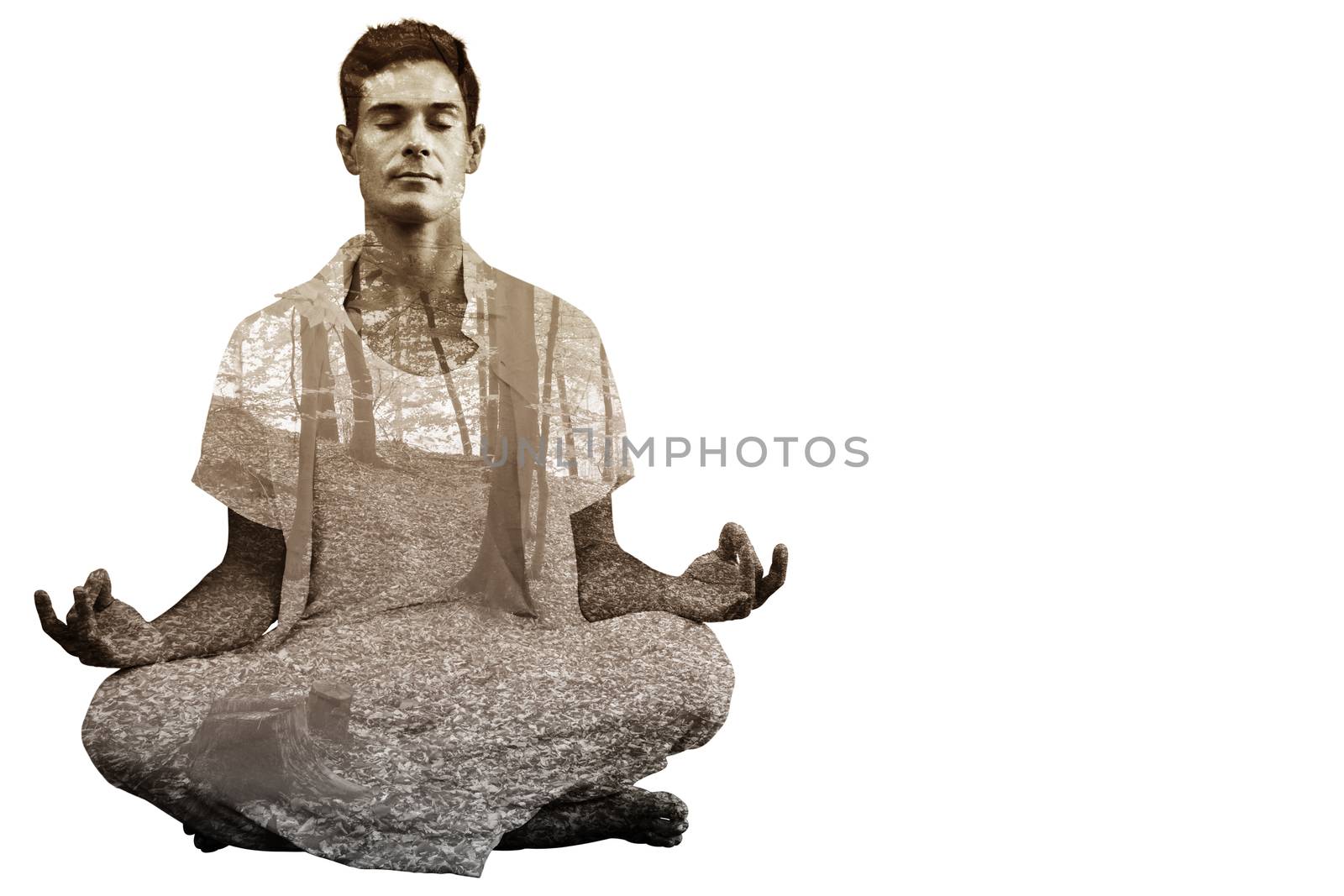 Handsome man in white meditating in lotus pose against trees in the autumnal forest