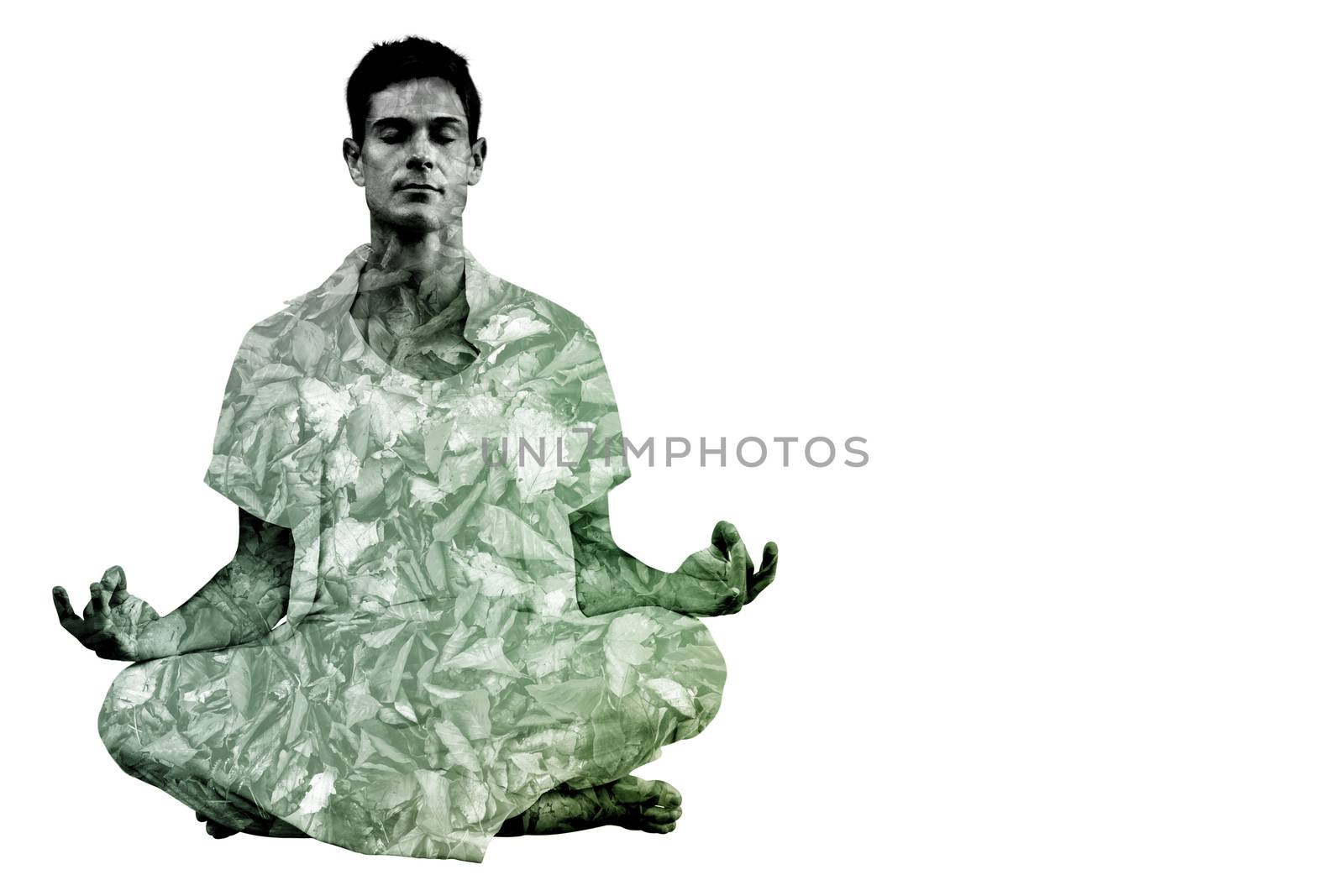 Composite image of handsome man in white meditating in lotus pose by Wavebreakmedia