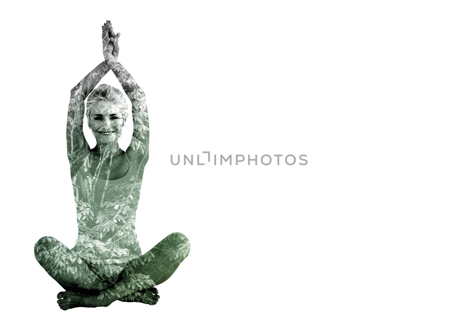 Composite image of sporty woman sitting in namaskar pose with twisted hands by Wavebreakmedia