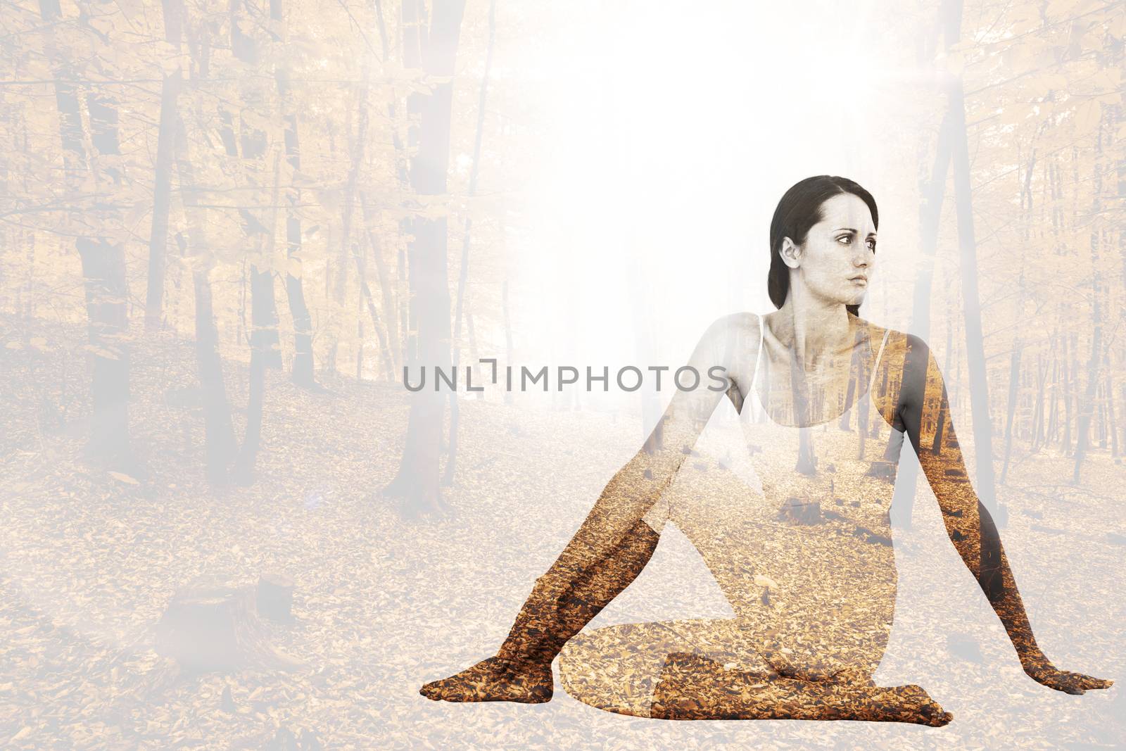 Composite image of fit woman doing the half spinal twist pose in fitness studio by Wavebreakmedia