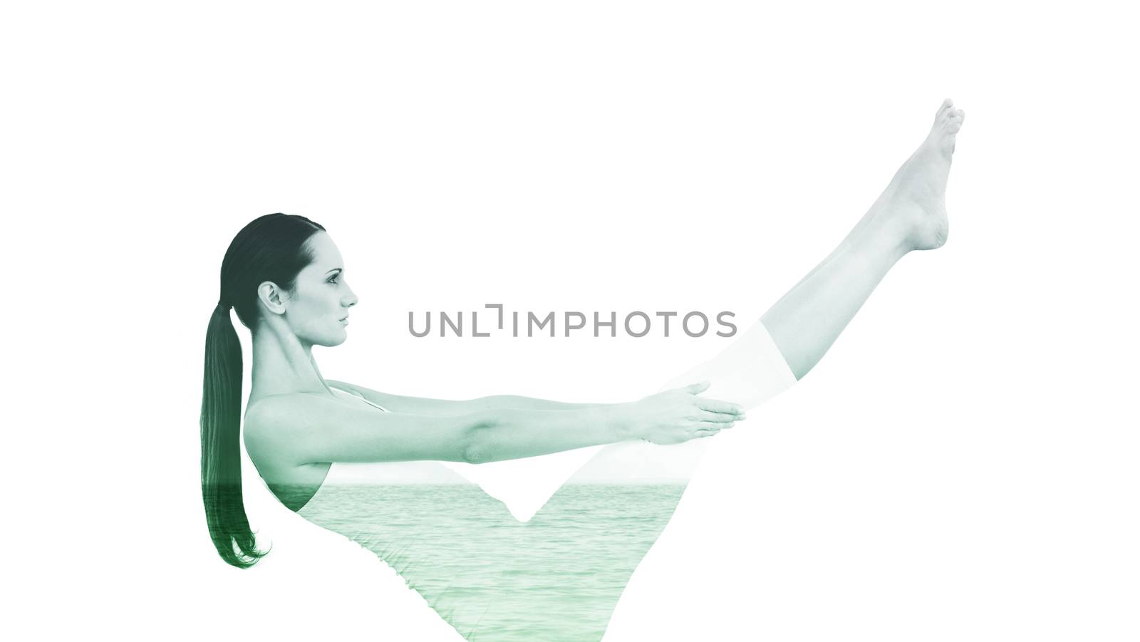 Toned woman doing the boat pose in fitness studio against beach scene