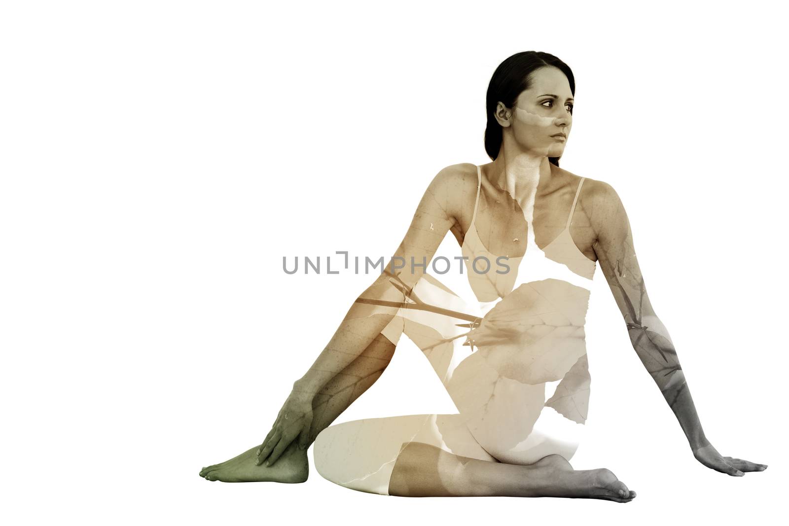 Composite image of fit woman doing the half spinal twist pose in fitness studio by Wavebreakmedia