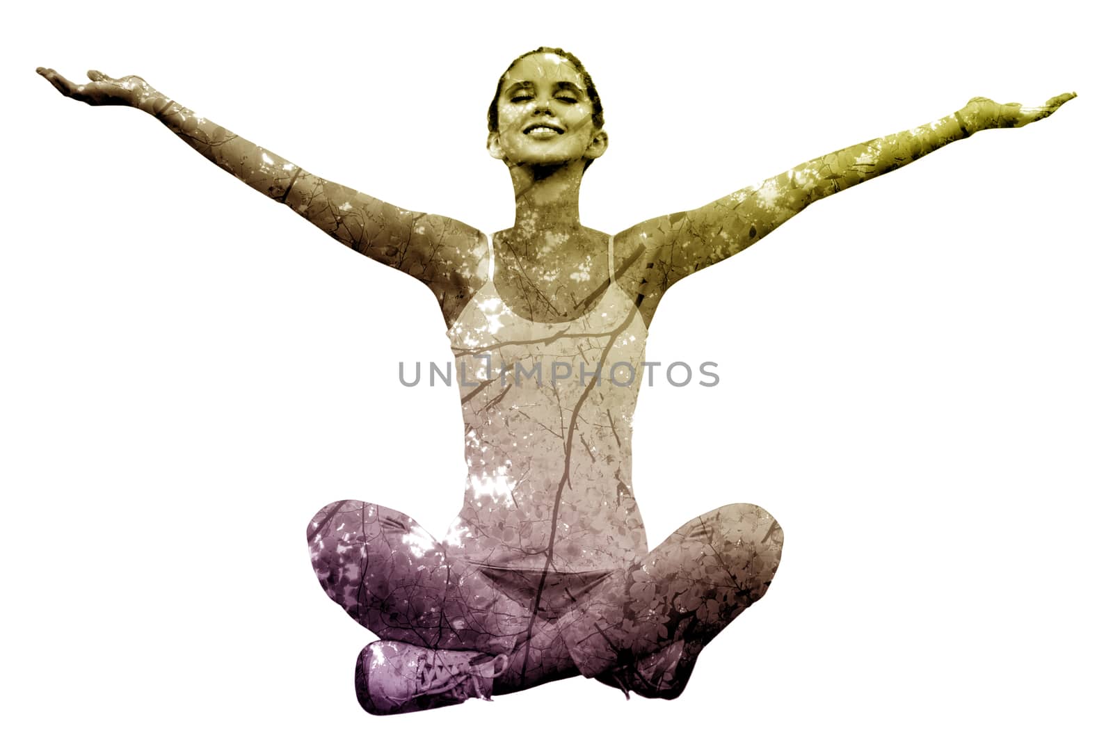 Composite image of woman sitting with arms raised  by Wavebreakmedia