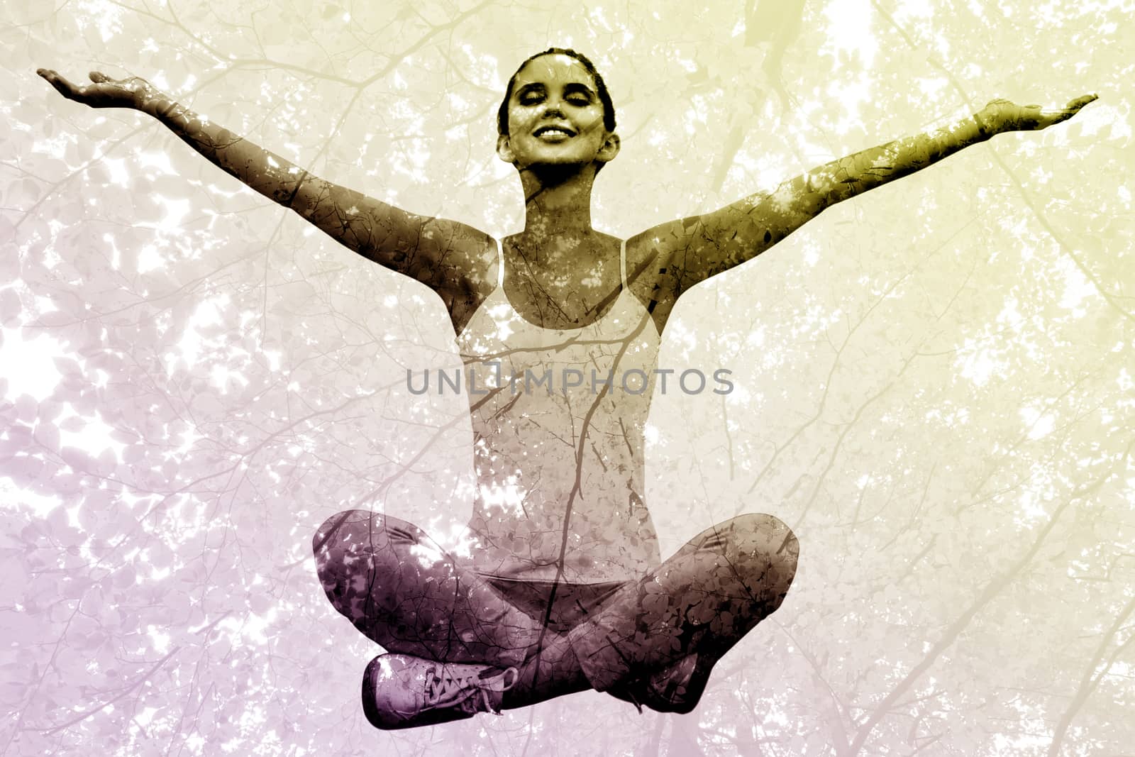 Composite image of woman sitting with arms raised  by Wavebreakmedia
