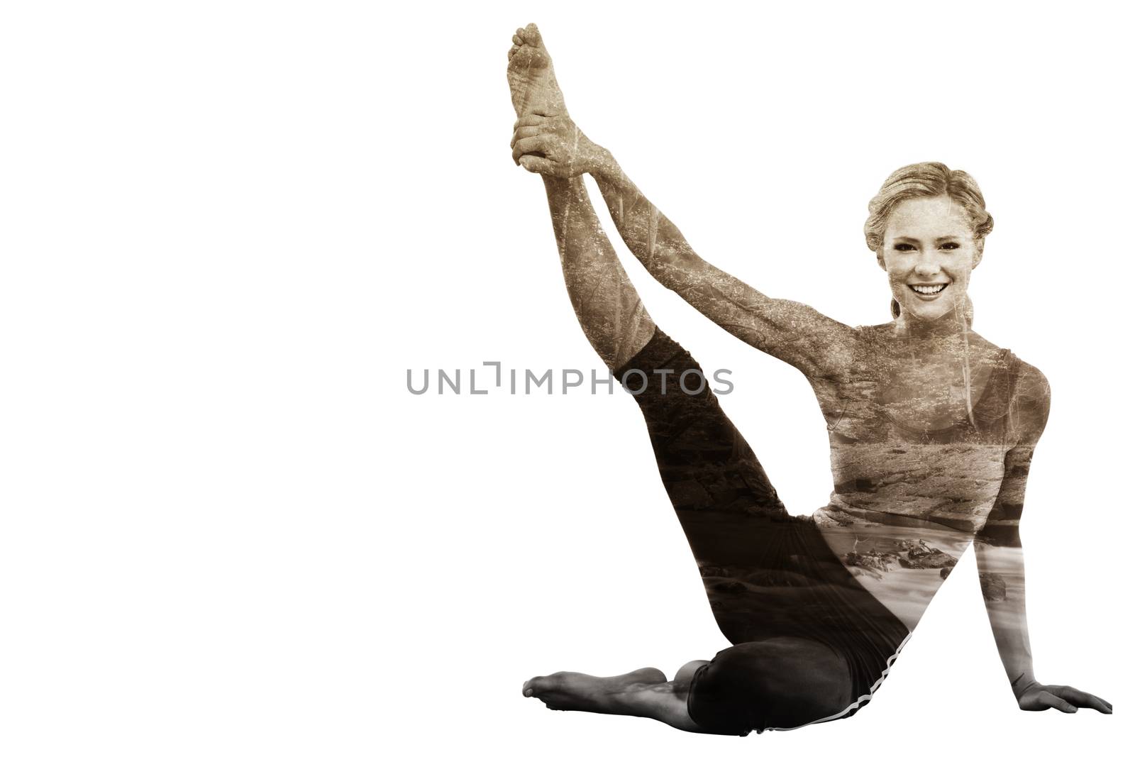Composite image of athletic blonde sitting on floor stretching leg up smiling at camera by Wavebreakmedia