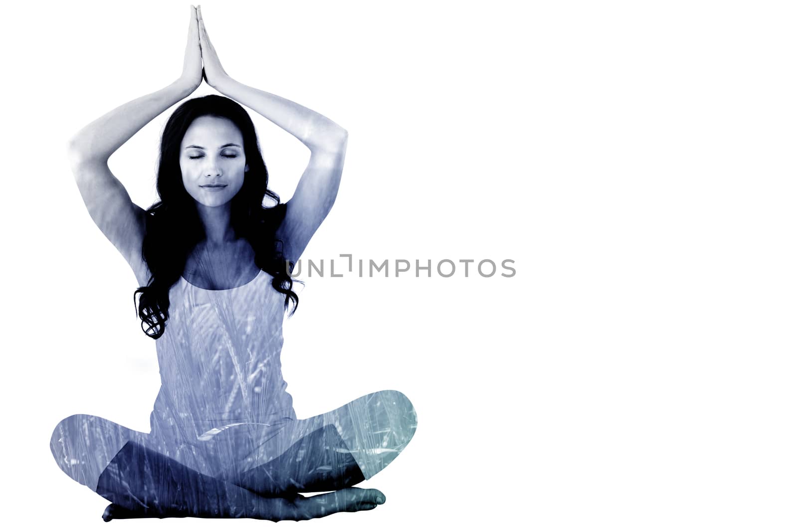 Pretty brunette doing yoga against green meadow